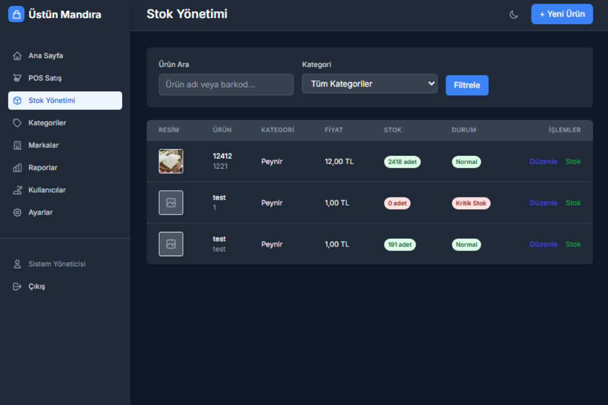 Üstün Mandıra – POS Satış ve Stok Takip Sistemi - Görsel 2